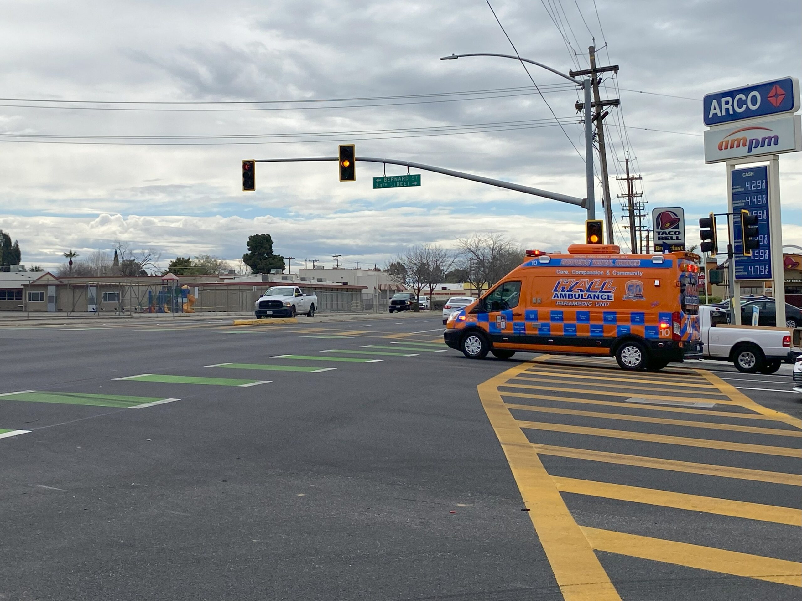 Ambulance at an intersection along Union Avenue in Bakersfield.