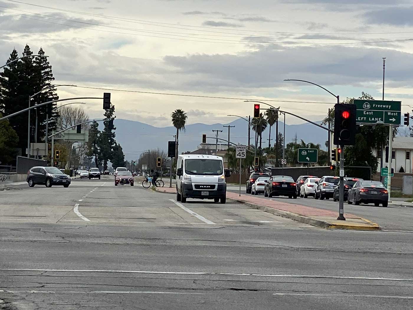 Morning traffic near the intersection of H Street and Brundage Lane in Bakersfield.